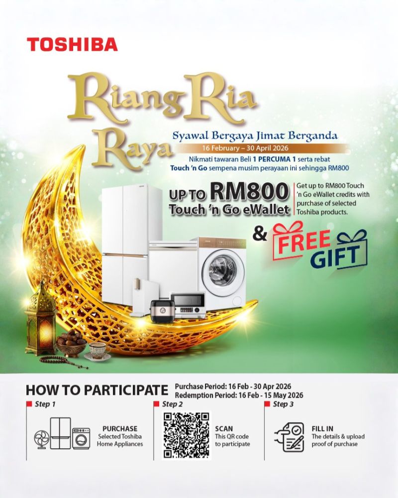 Toshiba Riang Ria Raya poster with appliances on a golden moon. Get Buy 1 Free 1 deals and up to RM800 TNG eWallet.