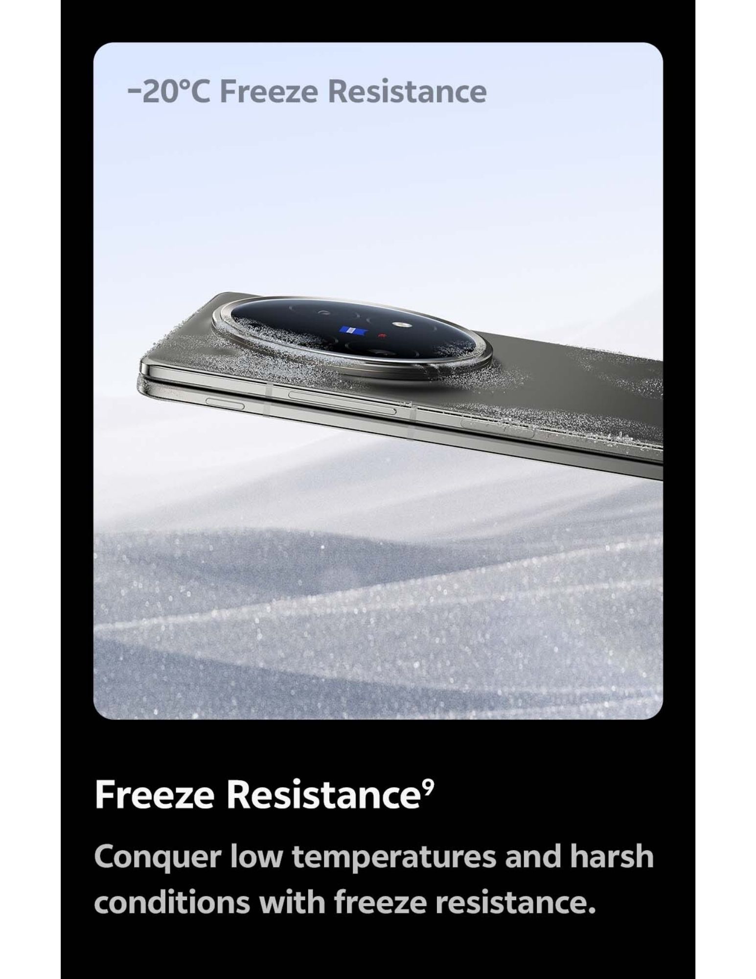 Smartphone camera module showing −20°C freeze resistance