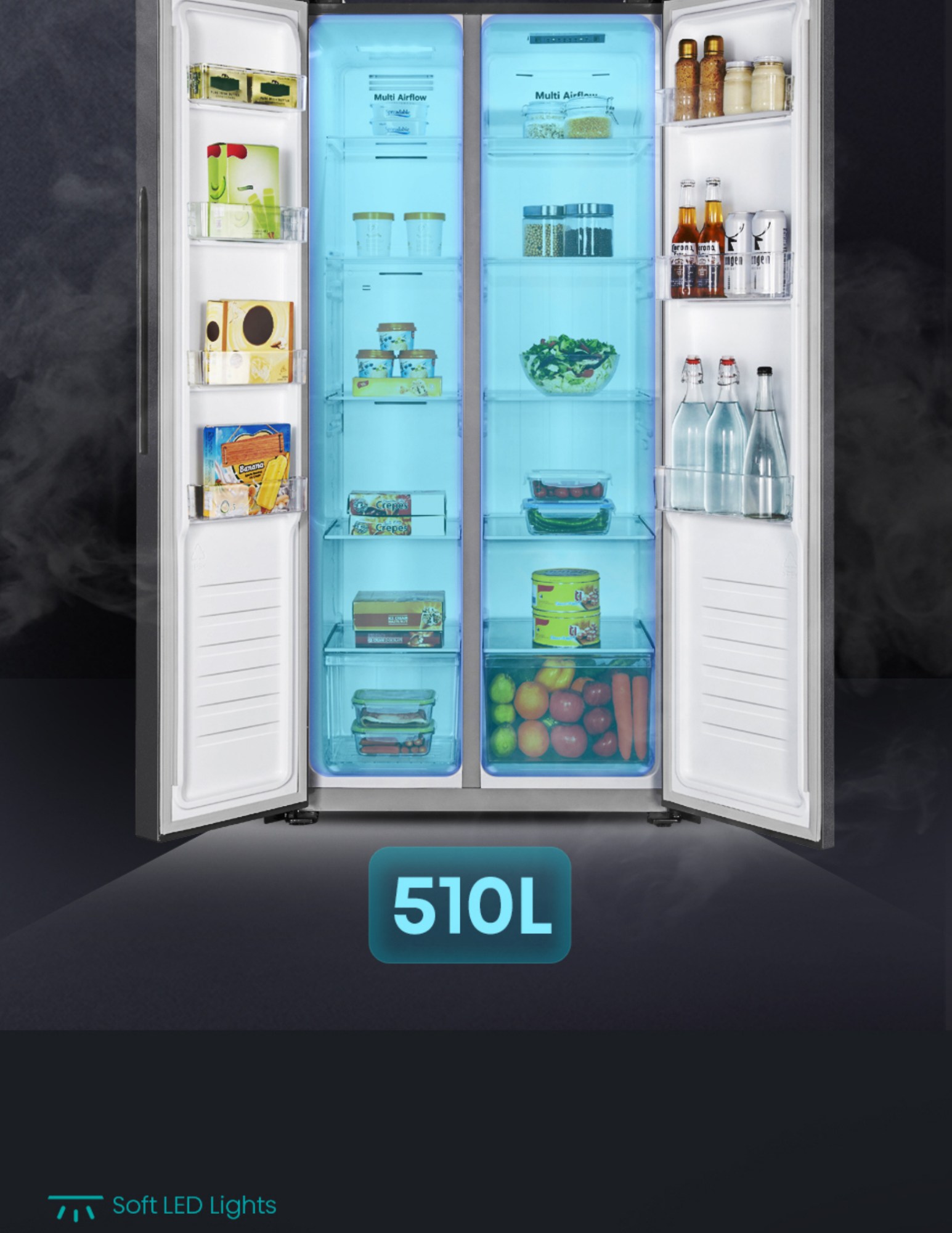 Hisense 510L side by side fridge full interior view