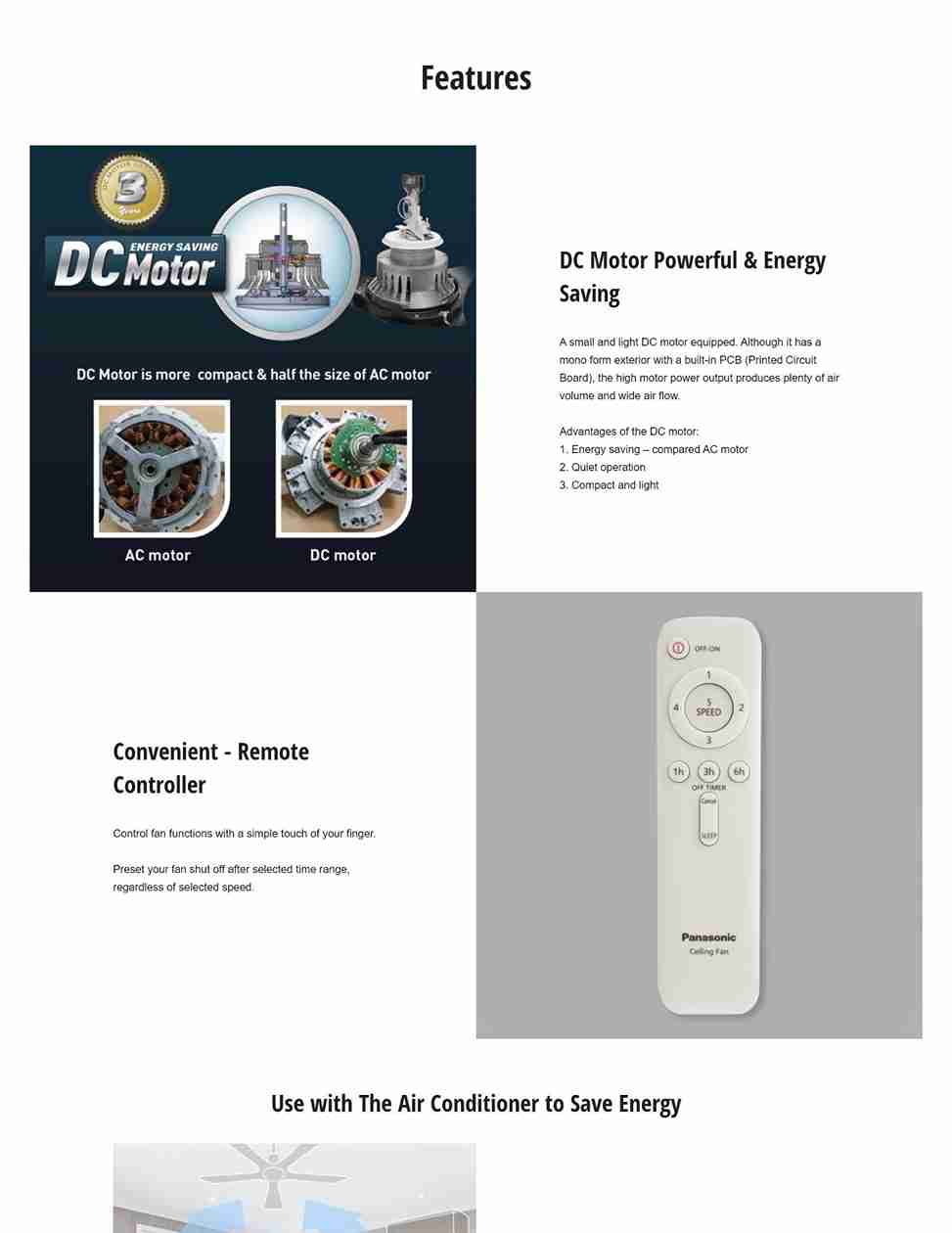 Ceiling fans lower temperature by 3°C, saving energy with AC.