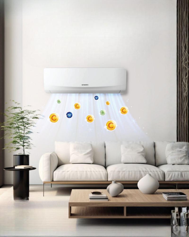 Skyworth inverter air conditioner releasing Vitamin C airflow in a living room.