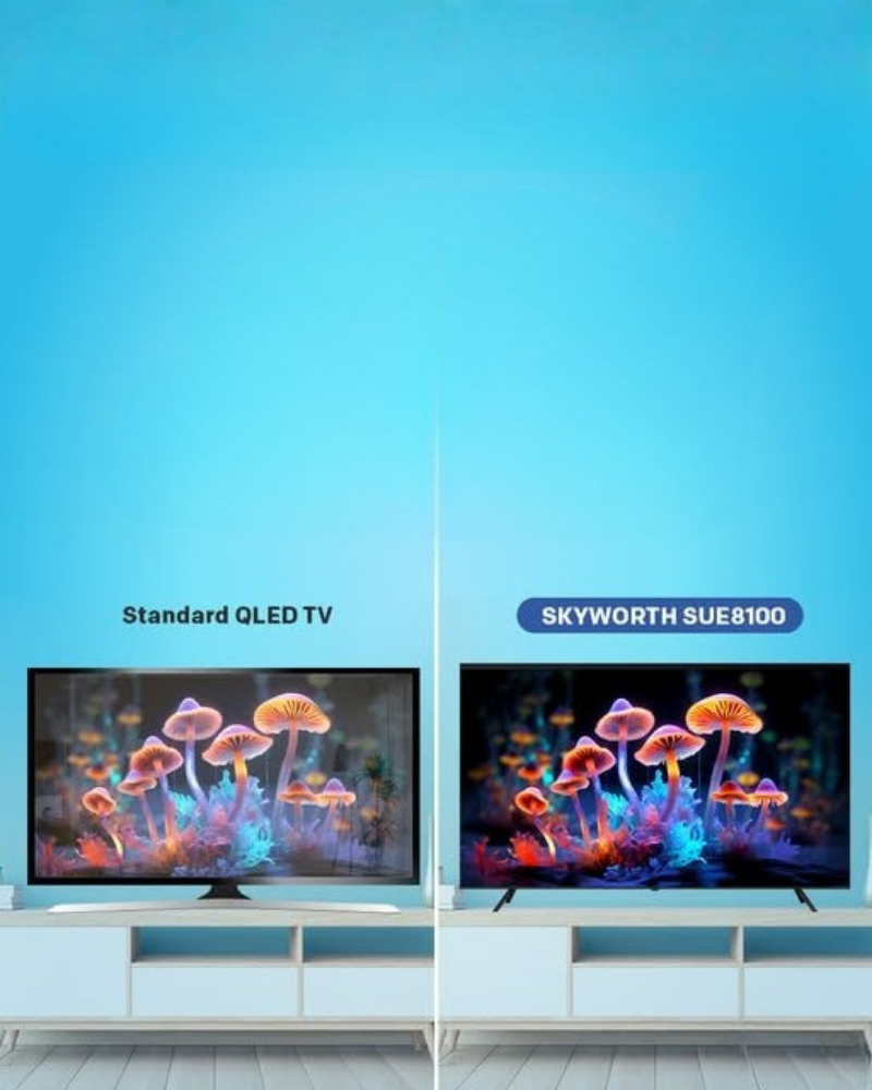 Skyworth SUE8100 QLED+ Eye Care TV showing vibrant on-screen colors.