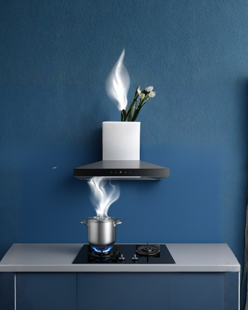 Bundle promo: ROBAM hood and hob with a white chimney hood, extracting steam from a boiling pot on a gas stove, against a blue wall.