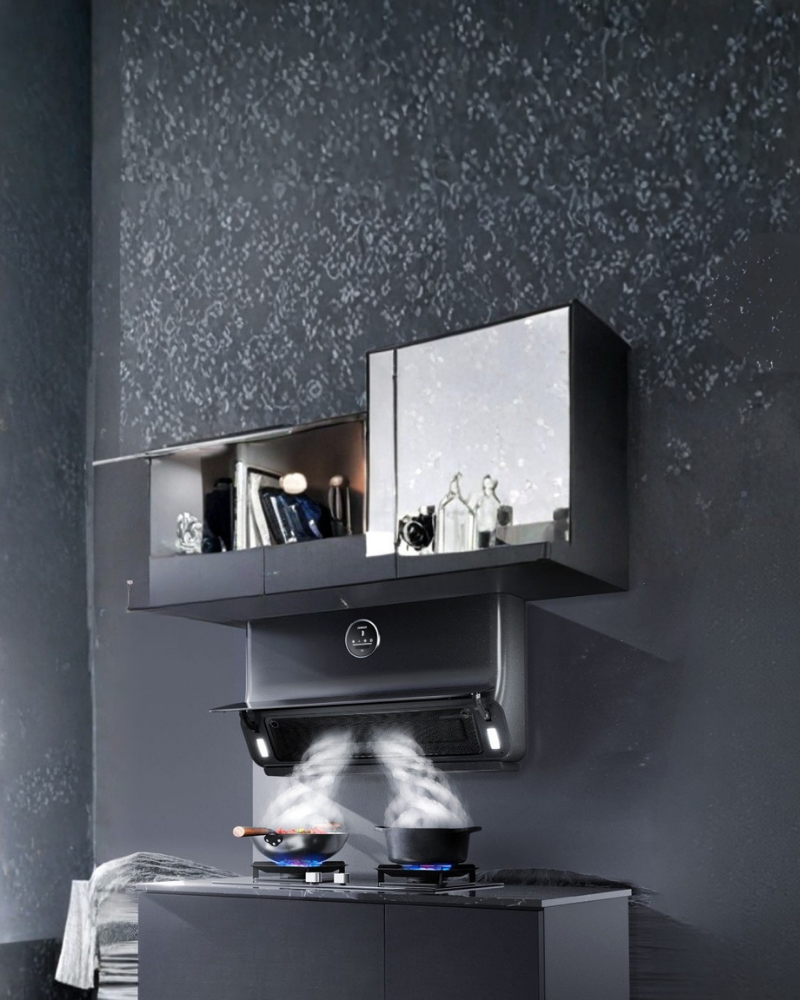 ROBAM ultra slim hood mounted under glossy wall cabinets, powerfully venting steam from two cooking pots on a sleek cooktop.