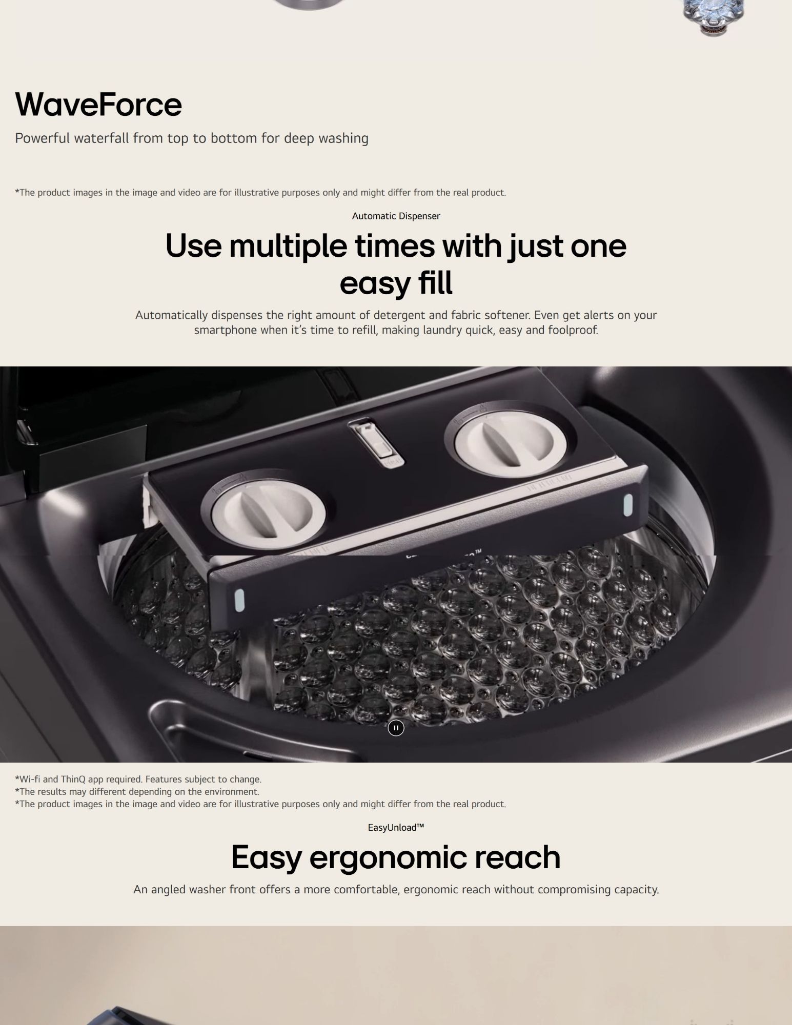 The WaveForce washing technology is shown with an automatic detergent dispenser that allows multiple uses from one easy fill. The washer's ergonomic front is designed for comfortable and easy access, ensuring convenience for users without compromising capacity.