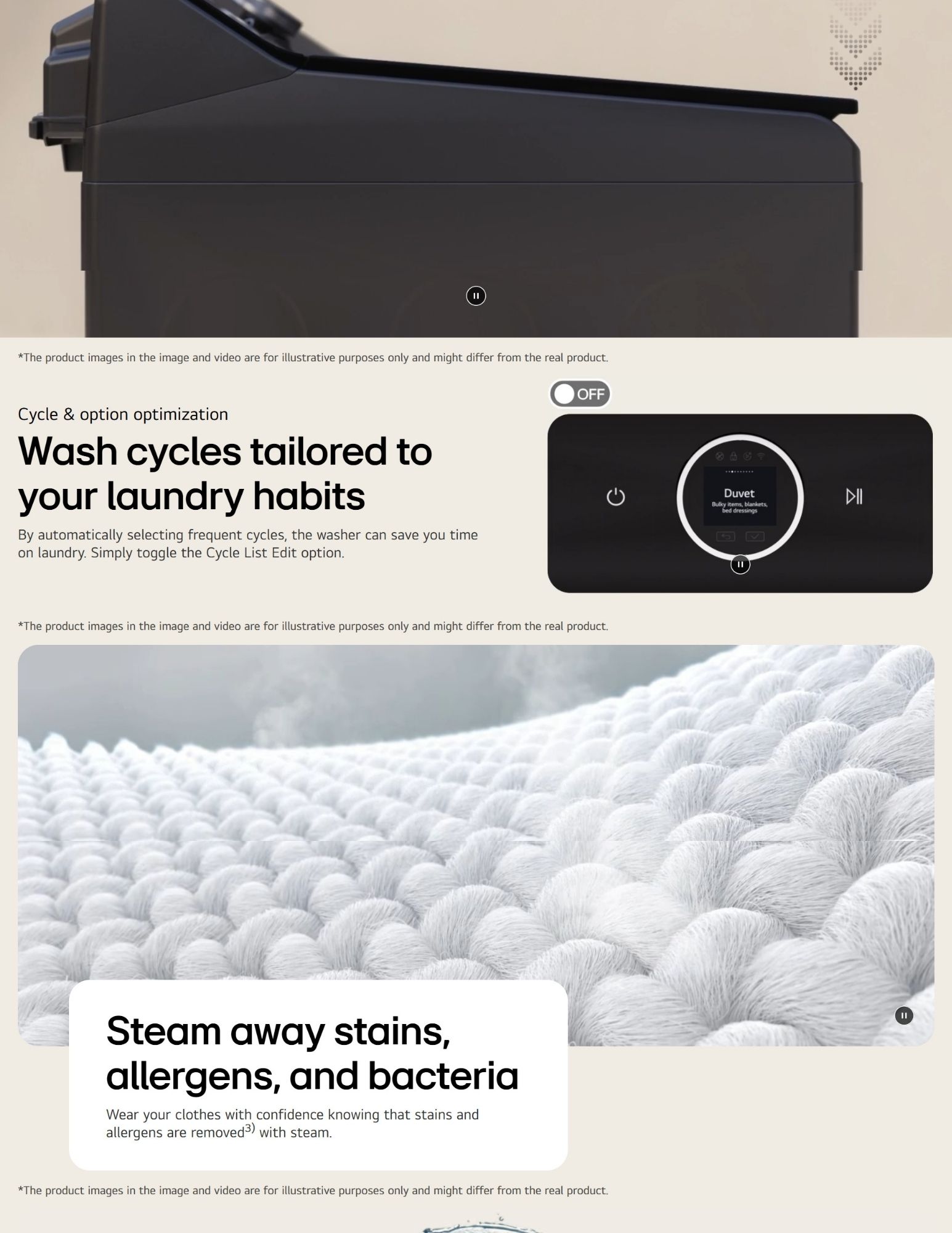 The image shows the washer's cycle optimization feature, which automatically selects frequent cycles to save time, alongside a control panel for selecting specific modes like 'Duvet.' The image also highlights the ability to steam away stains, allergens, and bacteria for cleaner laundry.