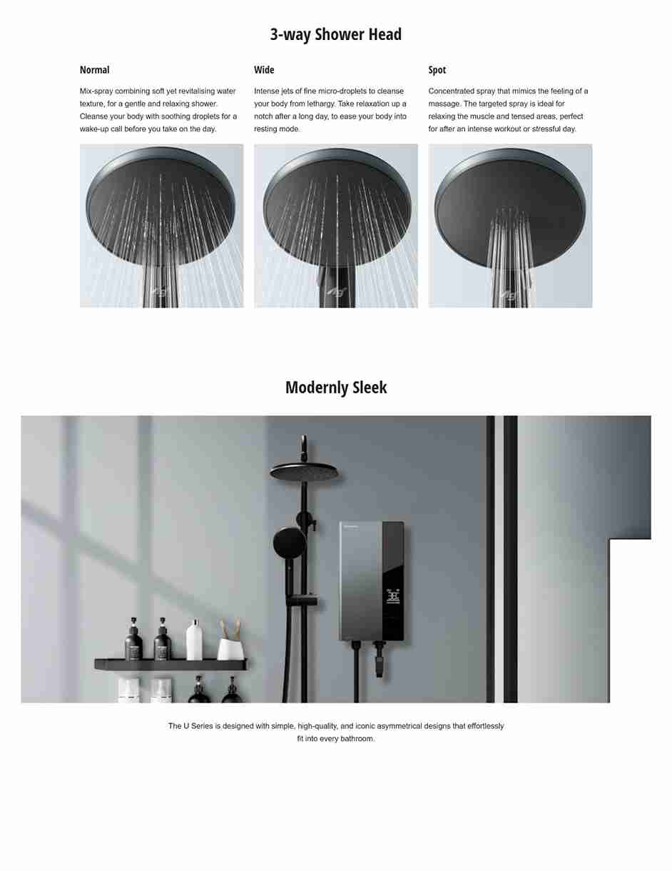 Shower head showing three spray modes: Normal, Wide, Spot.