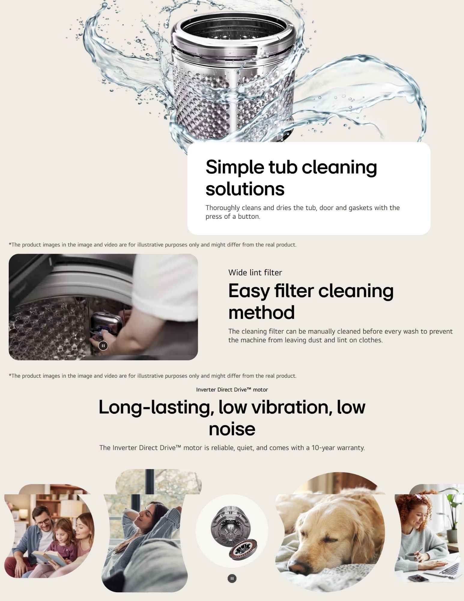 The image highlights the washer's simple tub cleaning solution that thoroughly cleans and dries the tub, door, and gaskets at the press of a button. It also features an easy filter cleaning method, preventing dust and lint from leaving the machine. The Inverter Direct Drive motor is noted for its long-lasting, low-vibration, and low-noise performance, with a 10-year warranty.