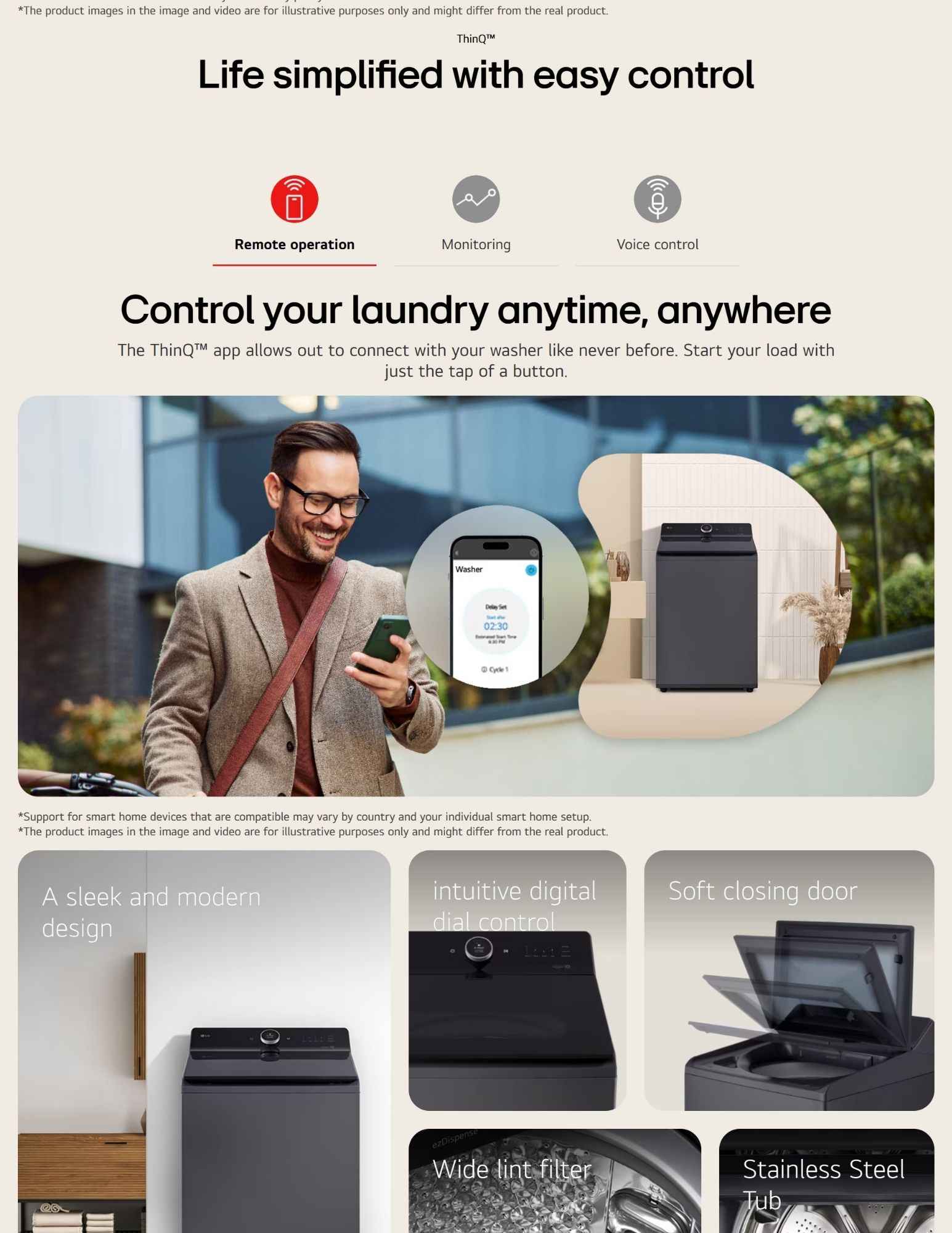 The image showcases the LG washing machine featuring the ThinQ™ app for remote operation, monitoring, and voice control. The app allows users to control laundry functions anytime and anywhere with ease. The washer also boasts a sleek, modern design, intuitive digital dial control, a soft-closing door, wide lint filter, and a stainless steel tub.