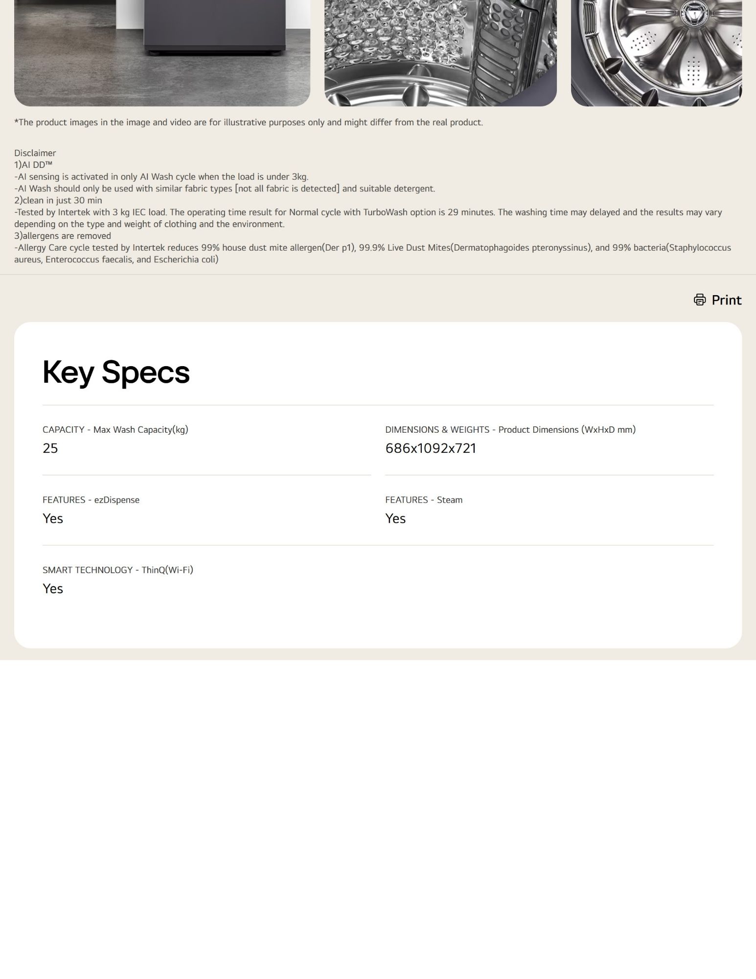 A product spec sheet for an LG washing machine showcasing key specifications such as a 25 kg max wash capacity, dimensions (686 x 1092 x 721 mm), and features including ezDispense, steam functionality, and ThinQ™ Wi-Fi technology. The sheet also includes disclaimers about the washing cycles, allergen removal, and the machine's TurboWash and AI DD™ technology.