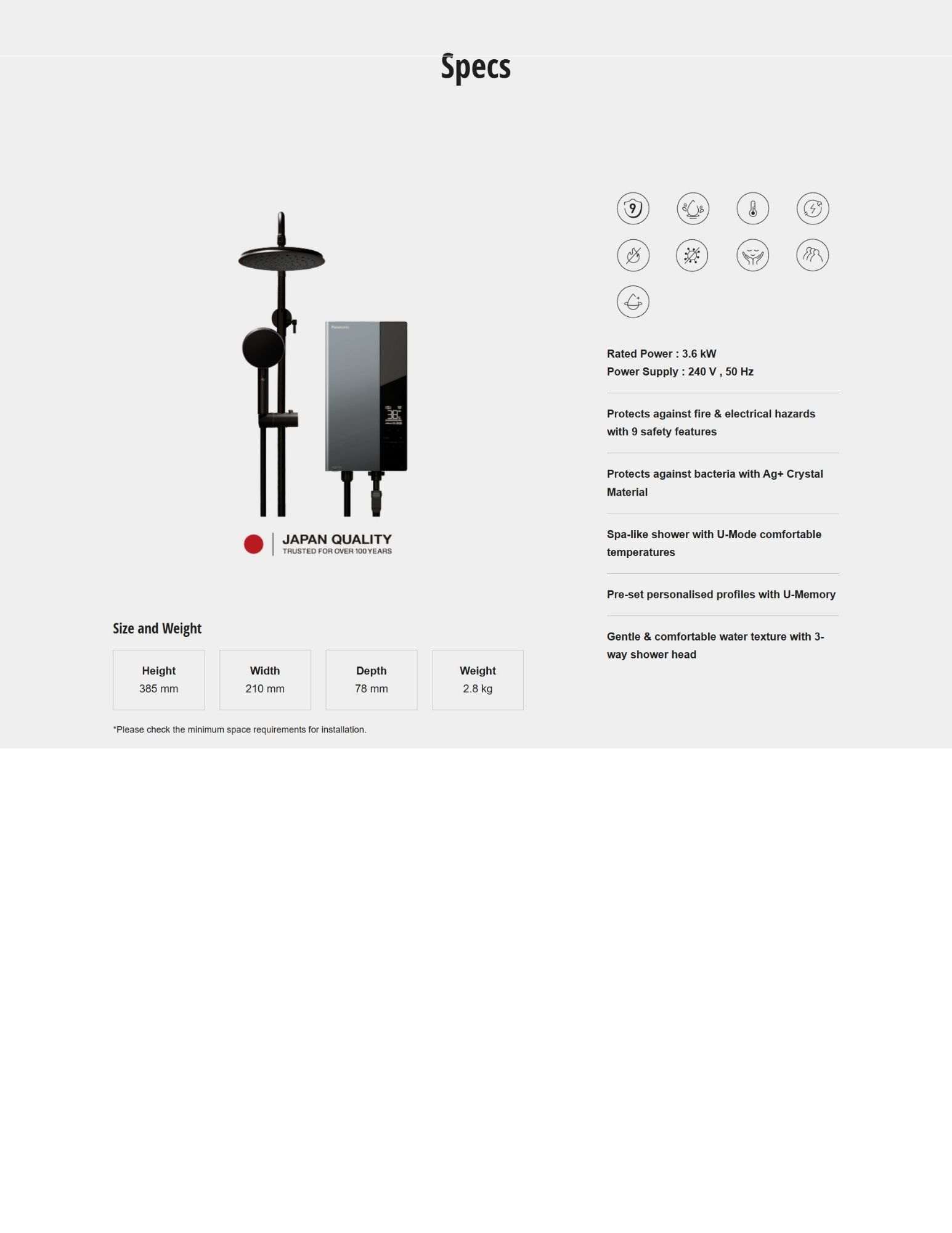 Modern bathroom with Panasonic shower system.
