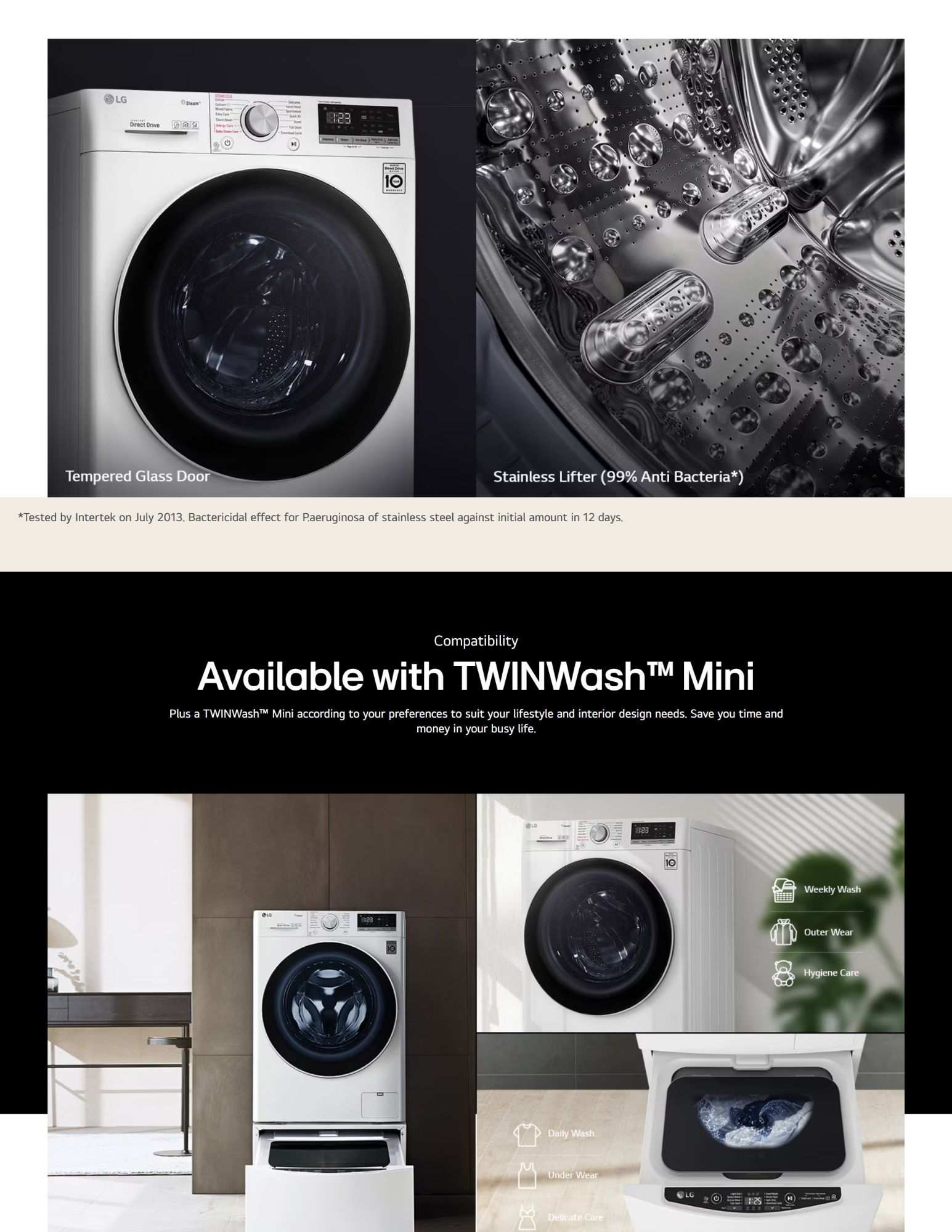 LG washer with tempered glass door and stainless lifter