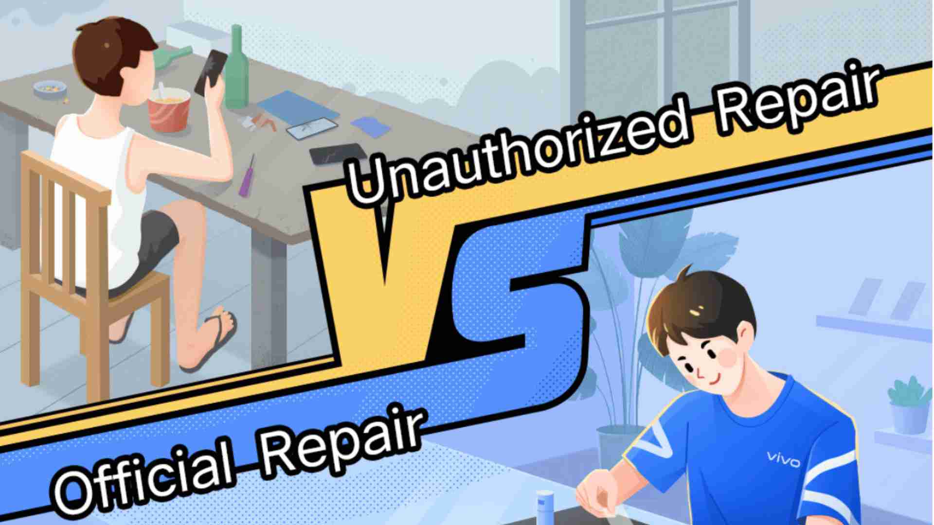 Illustrated comparison between unauthorized phone repair and official repair service.