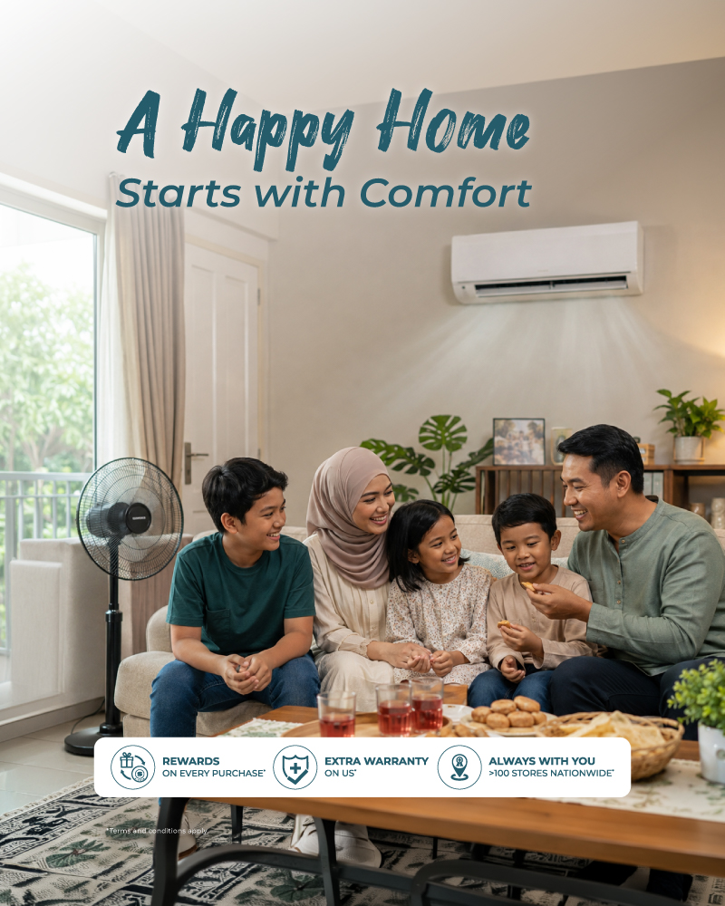 A family enjoying a cool and comfortable home with a modern air conditioner and stylish ceiling fan in a contemporary living room.