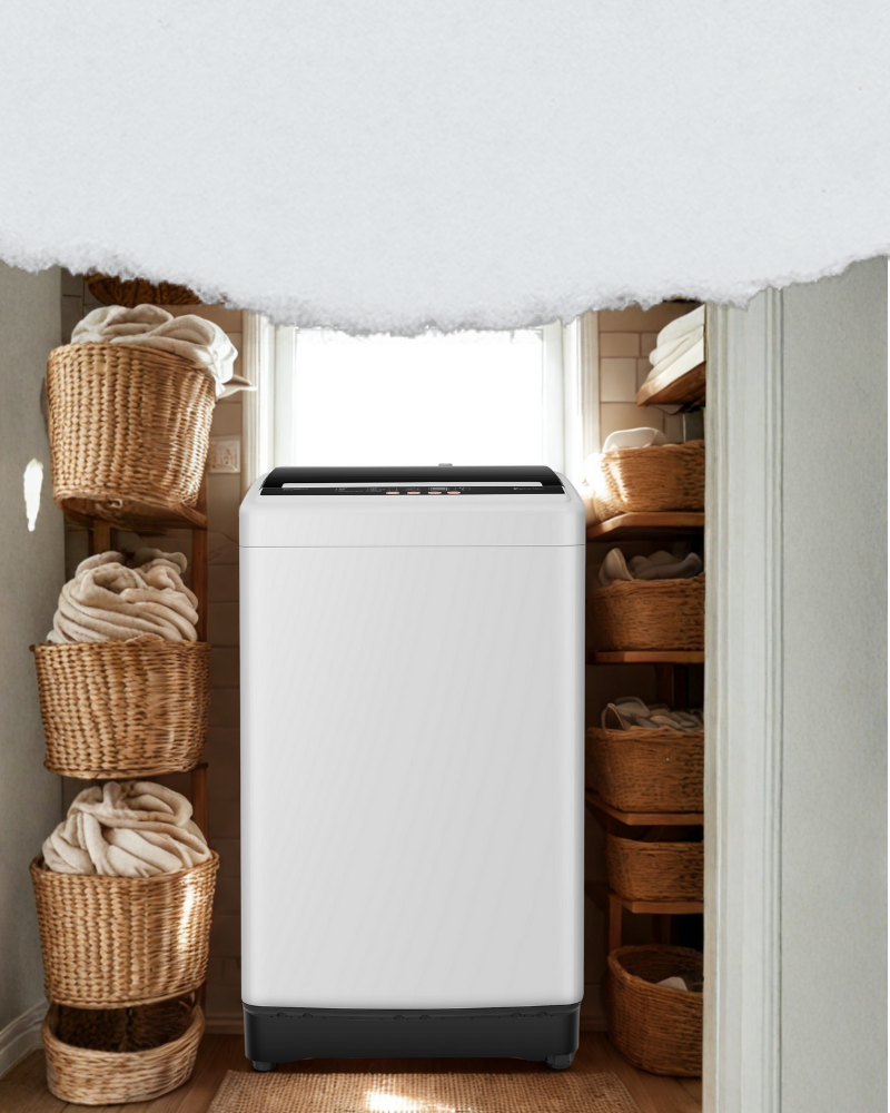 Hisense top-load washer below RM600, next to tall wooden shelving stacked with woven laundry baskets, in a bright hallway.