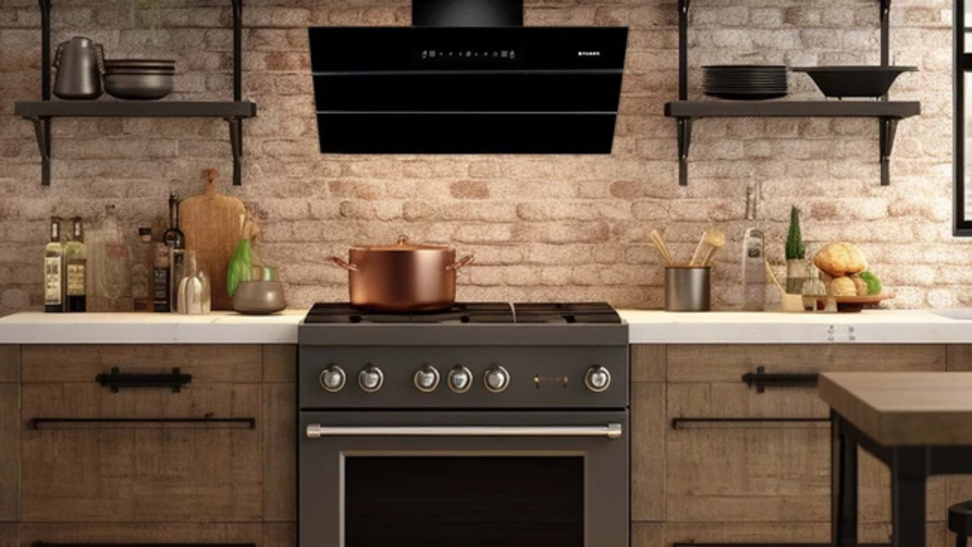 Kitchen interior showcasing a modern black wall-mounted range hood above a stove, surrounded by rustic brick walls, wooden cabinets, and neatly arranged cookware