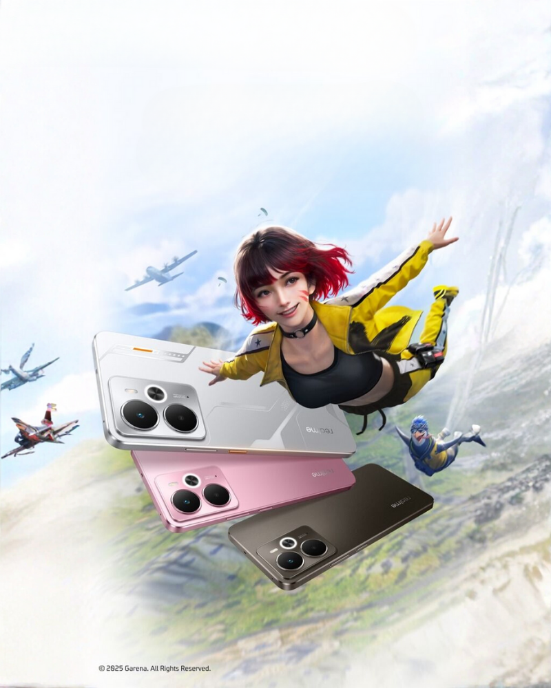 Promotional graphic featuring Free Fire characters skydiving alongside three Tecno smartphones in white, pink, and black, highlighting a gaming collaboration