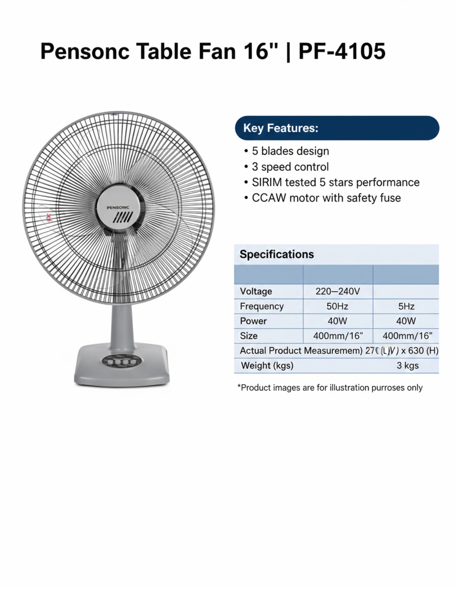 Features: 5 blades design 3 speed control Easy operate switch SIRIM tested 5 stars performance CCAW motor with safety fuse