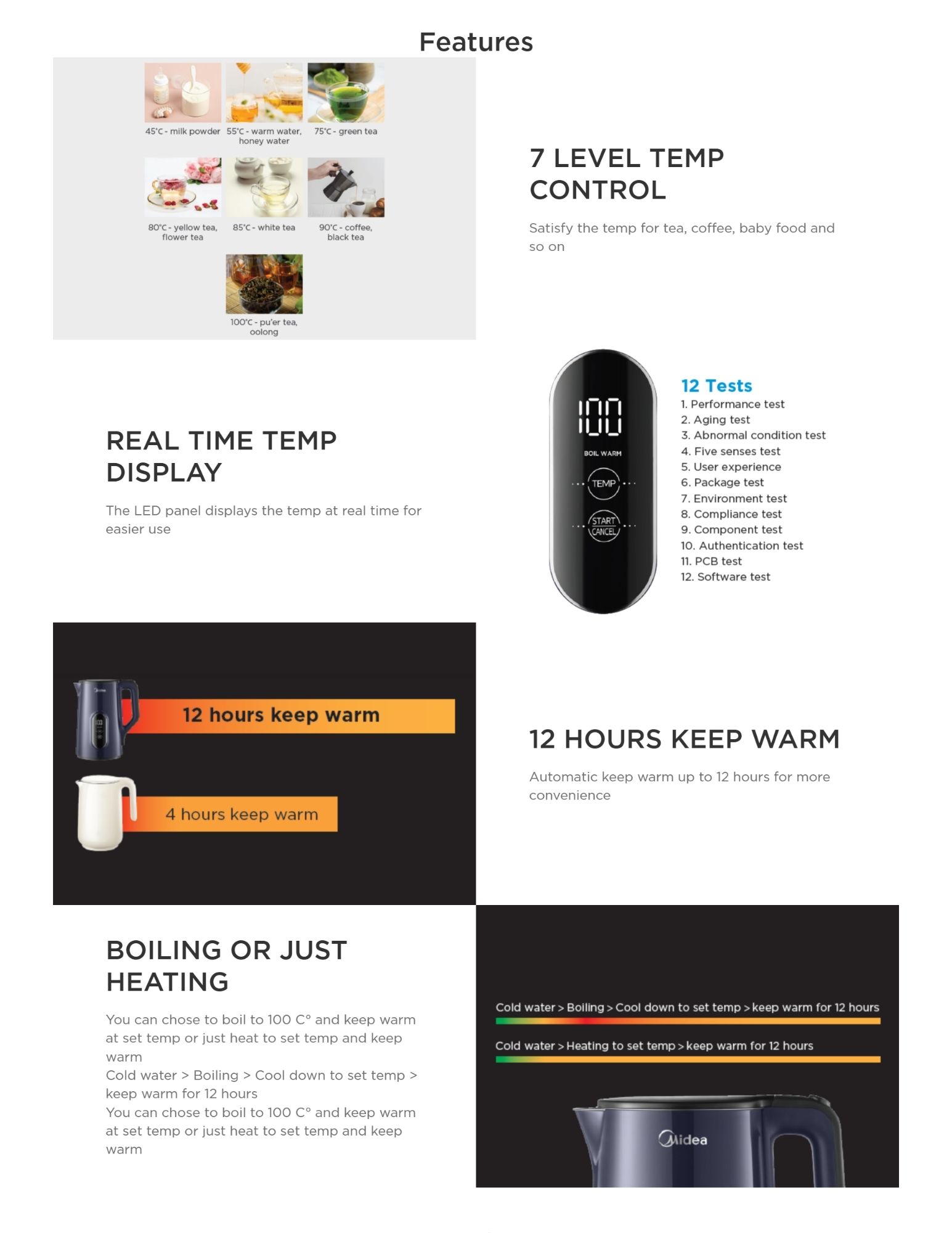 A water kettle with a 7-level temperature control system for various beverages, featuring real-time temperature display, and an automatic 12-hour keep-warm function. Users can choose between boiling to 100°C or heating to set temperatures for up to 12 hours.
