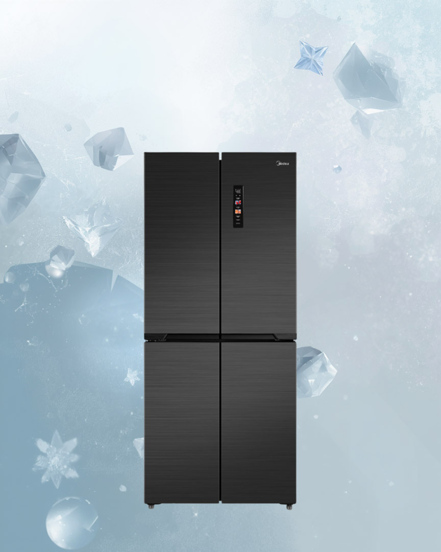 senQ promotion banner showing a Midea black multi-door refrigerator on an icy blue background
