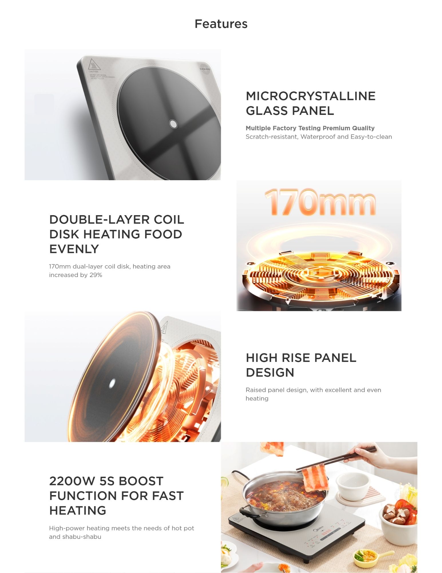 Induction cooker with microcrystalline glass panel and double-layer coil heating food evenly for fast cooking.