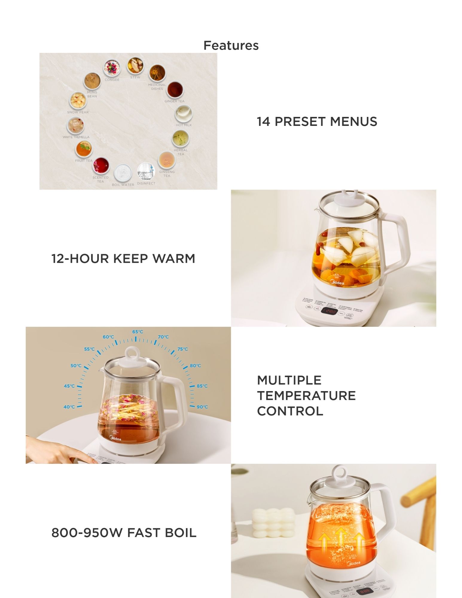 Glass multi-function kettle with 14 preset menus, 12-hour keep warm, multiple temperature control, and 800–950W fast boil for tea and cooking.