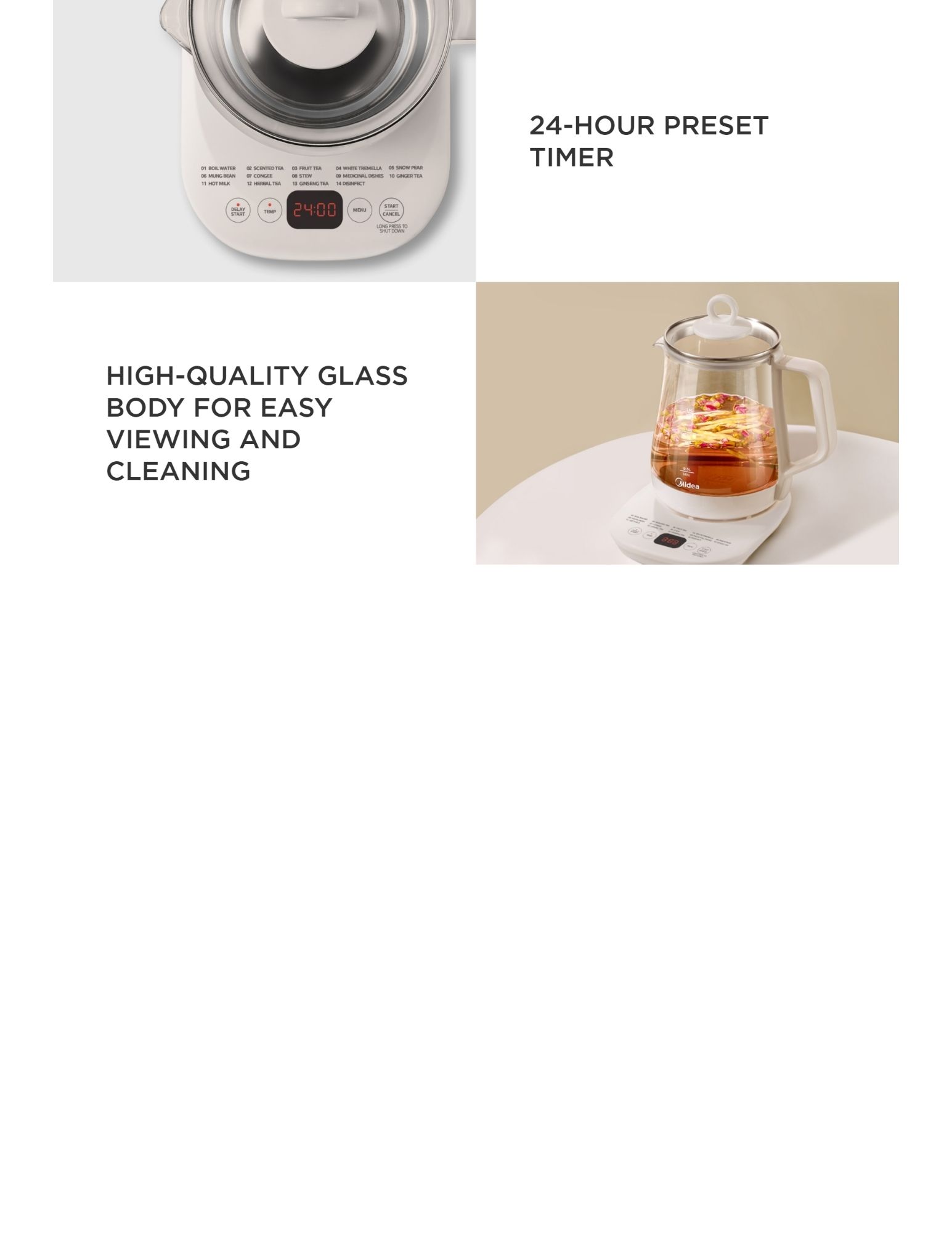 Glass electric kettle with 24-hour preset timer and high-quality transparent glass body for easy viewing and cleaning.
