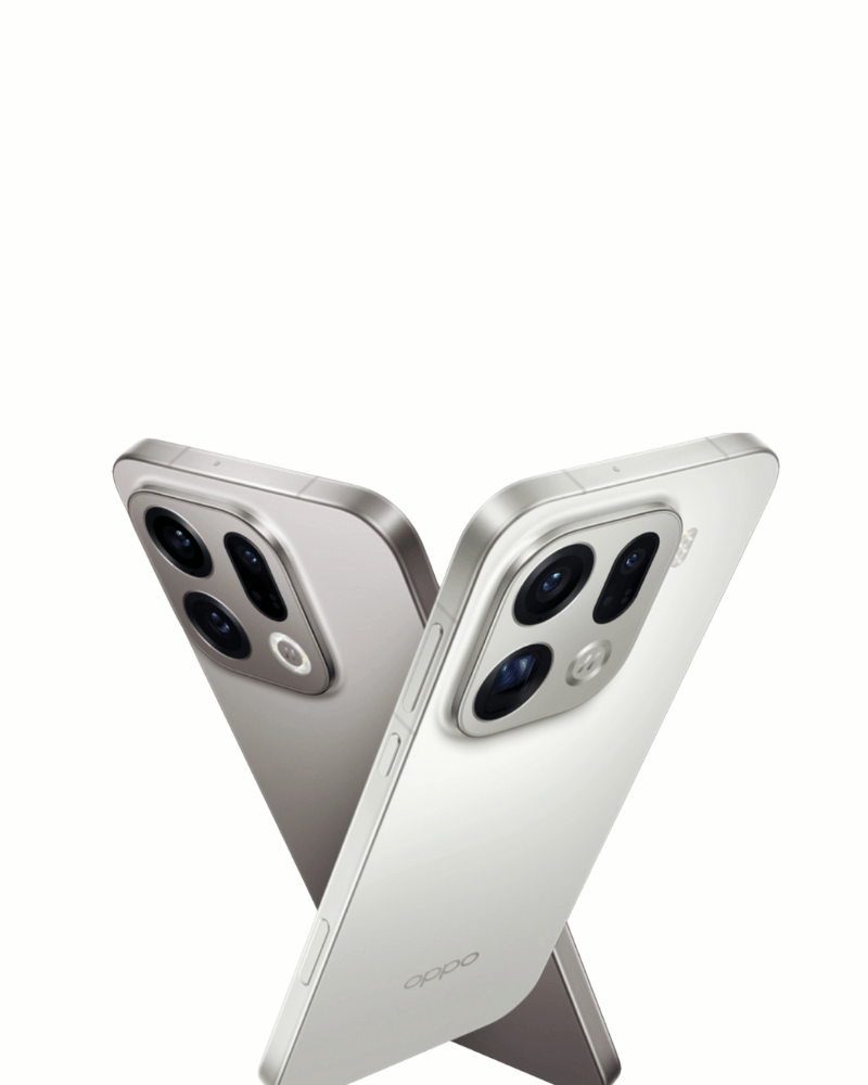 OPPO Find X9 Series phones in silver and grey, crossed back-to-back to show the triple rear cameras and slim metal frame.