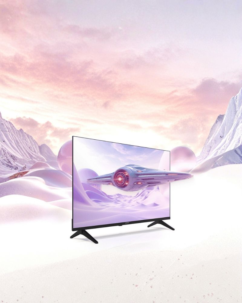 Skyworth SUE8200 QLED+ TV displaying a futuristic graphic.