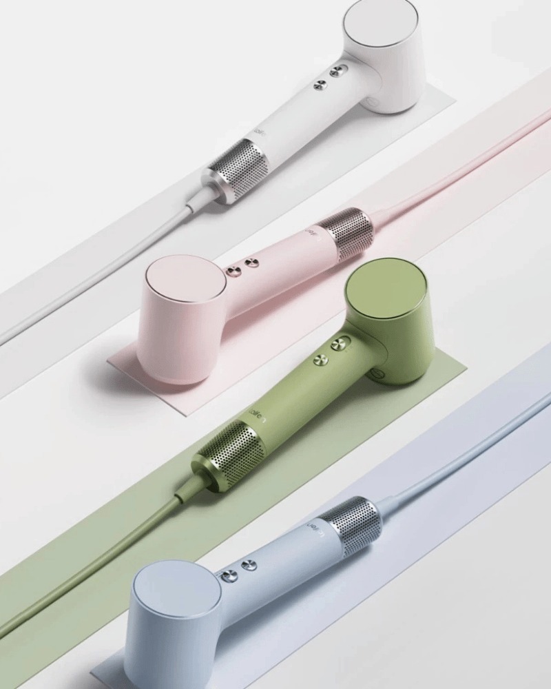 Laifen Mini high-speed hair dryers in white, pink, green, and blue.