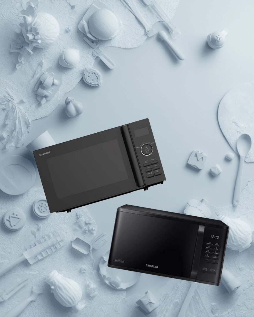 senQ promotion banner with two black microwave ovens on a frosty background, highlighting microwave oven offers