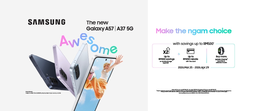 New Samsung Galaxy A57 and A37 5G. Enjoy savings up to RM500 with double storage upgrades and Flexi-band rebates.
