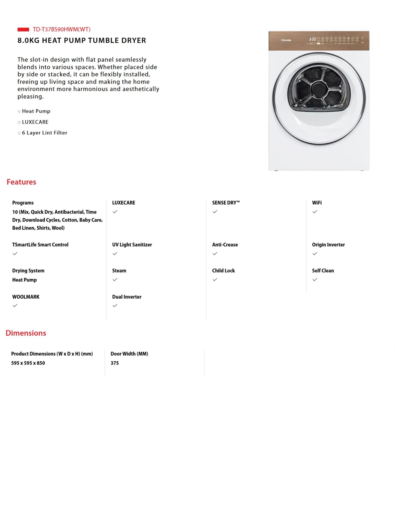 Toshiba 8kg heat pump tumble dryer features and dimension