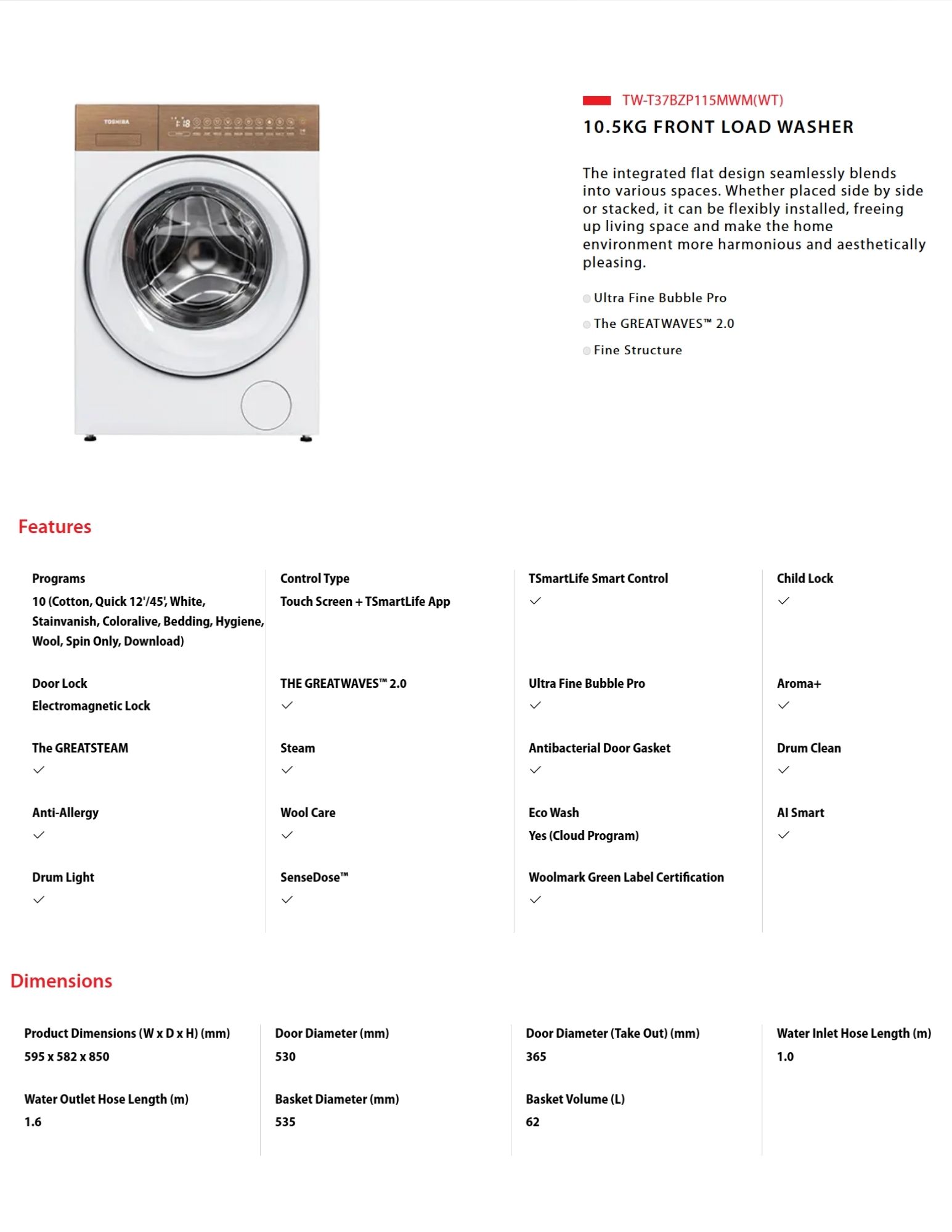 Toshiba 10.5kg front load washer features and dimension