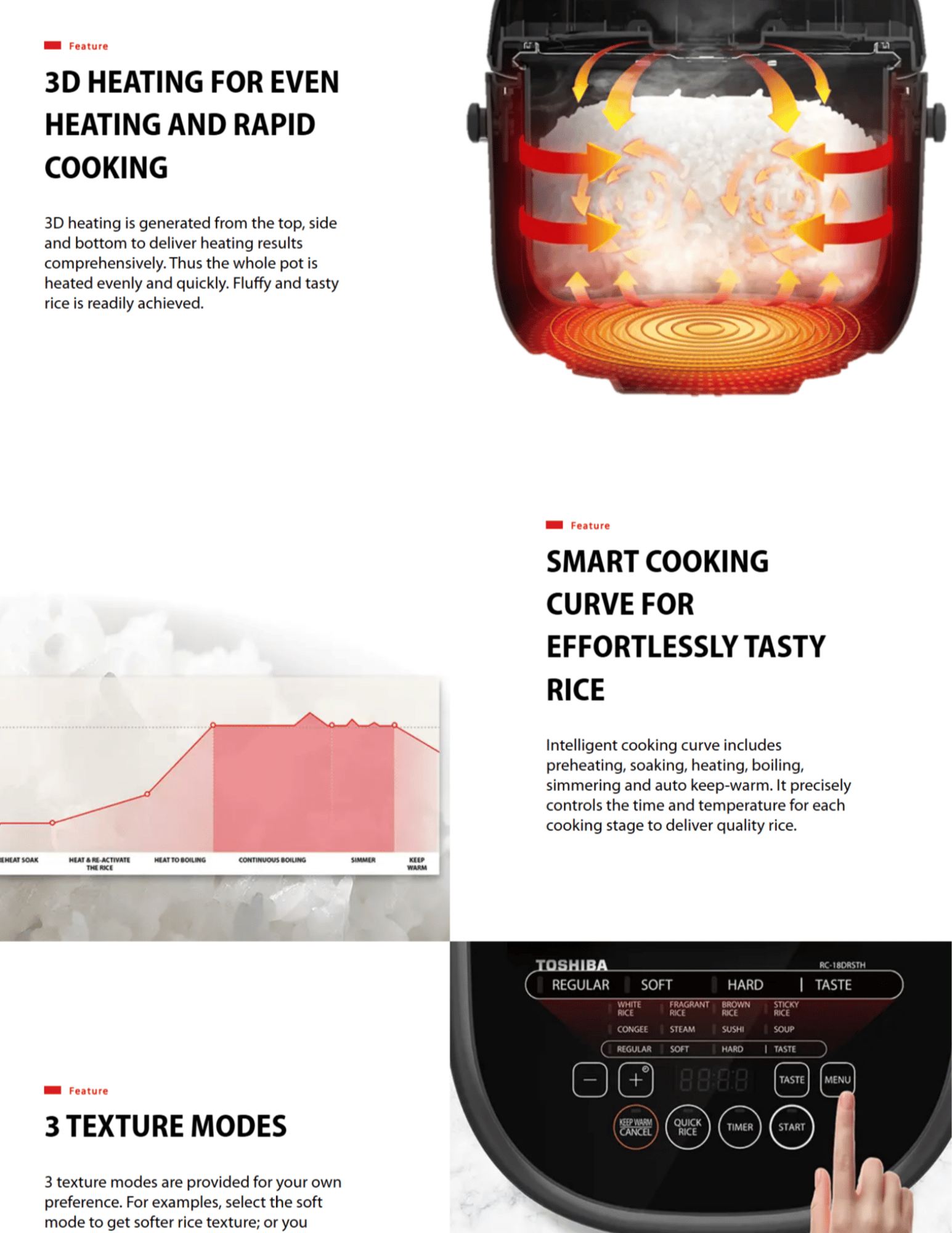 3D HEATING FOR EVEN HEATING AND RAPID COOKING 3D heating is generated from the top, side and bottom to deliver heating results comprehensively. Thus the whole pot is heated evenly and quickly. Fluffy and tasty rice is readily achieved. feature-Smart-Cooking-Curve Feature SMART COOKING CURVE FOR EFFORTLESSLY TASTY RICE Intelligent cooking curve includes preheating, soaking, heating, boiling, simmering and auto keep-warm. It precisely controls the time and temperature for each cooking stage to deliver quality rice. feature-3D-Textures Feature 3 TEXTURE MODES 3 texture modes are provided for your own preference. For examples, select the soft mode to get softer rice texture; or you would like to sauté the rice afterwards, you can select the hard mode for the chewy rice.