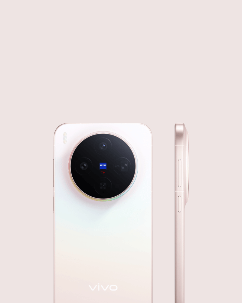 Vivo X300 5G smartphone in soft pink gradient, front and side view highlighting the large circular ZEISS camera module.