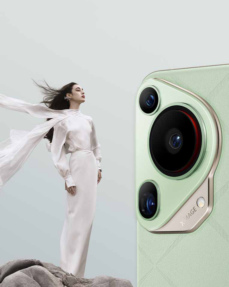 Promotional image for the Huawei Pura Series, featuring a woman in flowing white clothing and a close-up of the phone’s advanced triple-camera system, highlighting its focus on pioneering photography