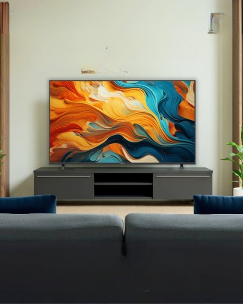 Large smart TV displayed in a modern living room setup, showcasing a vibrant 4K screen with rich colors for immersive home entertainment
