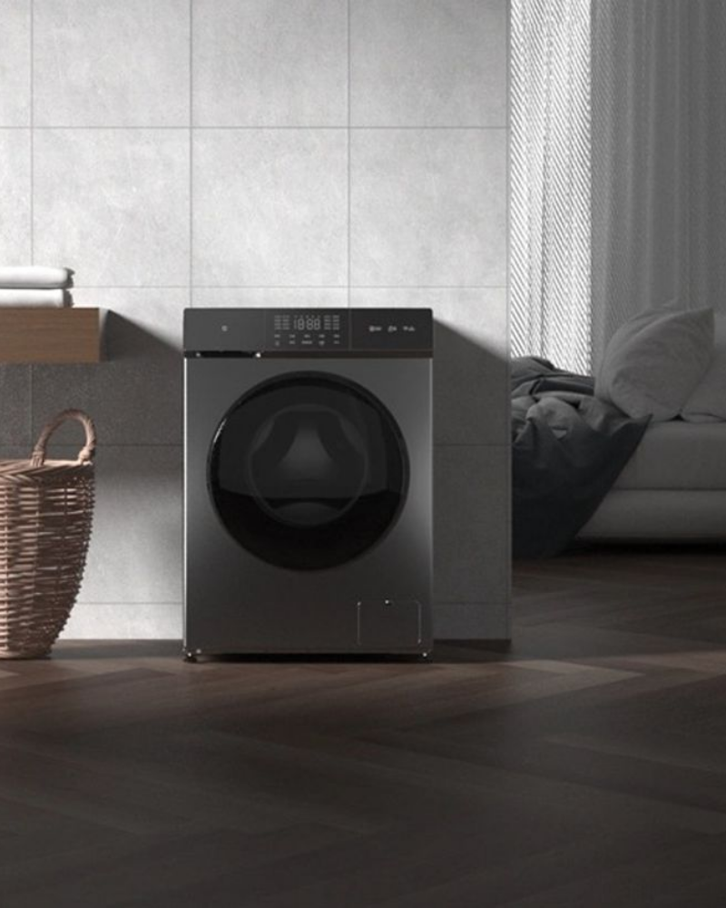 Front-load washing machine in a modern home interior, designed for powerful cleaning performance, energy efficiency, and stylish laundry room integration