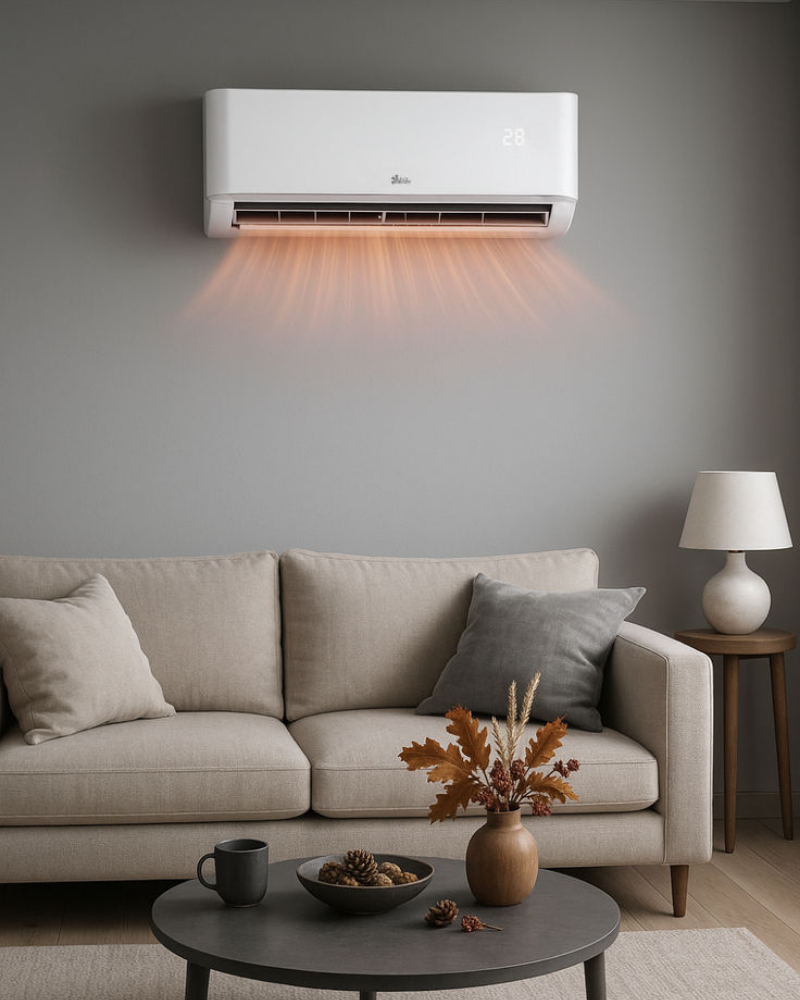 Wall-mounted air conditioner with triple airflow function cooling a modern living room, designed for fast, efficient, and comfortable home climate control