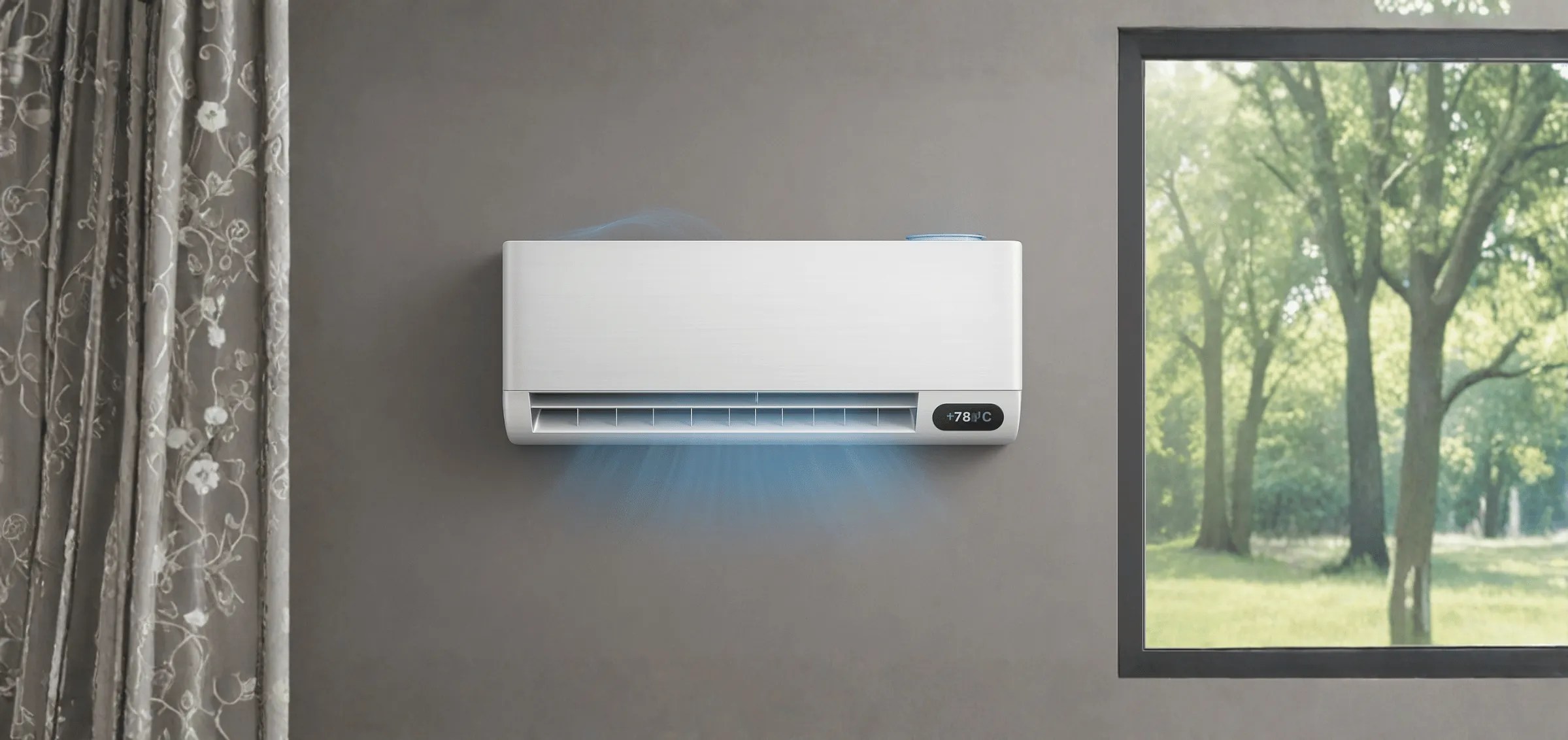 Wall-mounted air conditioner blowing cool, purified air in a bright room with a window view, representing air quality appliances.