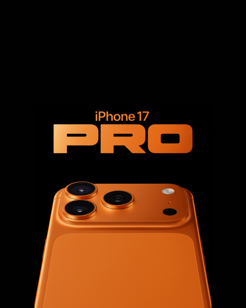 iPhone 17 Pro Max in metallic orange; close-up of the triple camera with "iPhone 17 Pro" text on a black background; and a plan at RM99.98 per month.