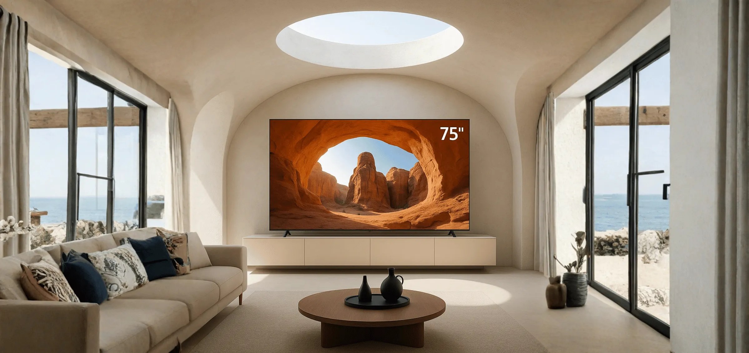 A 75-inch TV displays a desert arch landscape in an airy coastal living room, showcasing extra-large screens for home theatre setups.