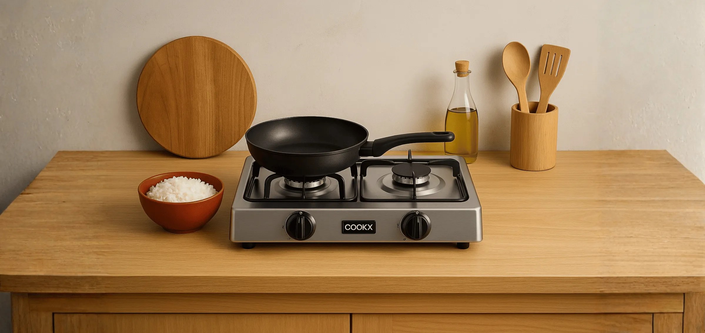 Counter with a tabletop gas stove and frying pan, a bowl of rice, a cutting board, oil, and utensils in a warm kitchen.