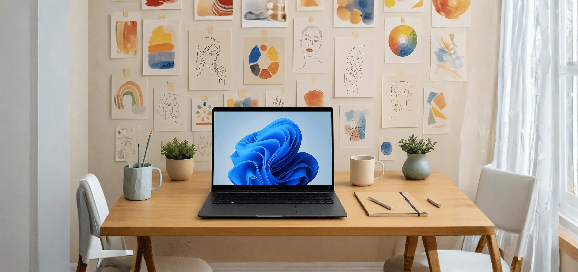 Creative studio desk with laptop, stylus, and pencils, backed by a wall full of colourful art sketches and portrait studies.