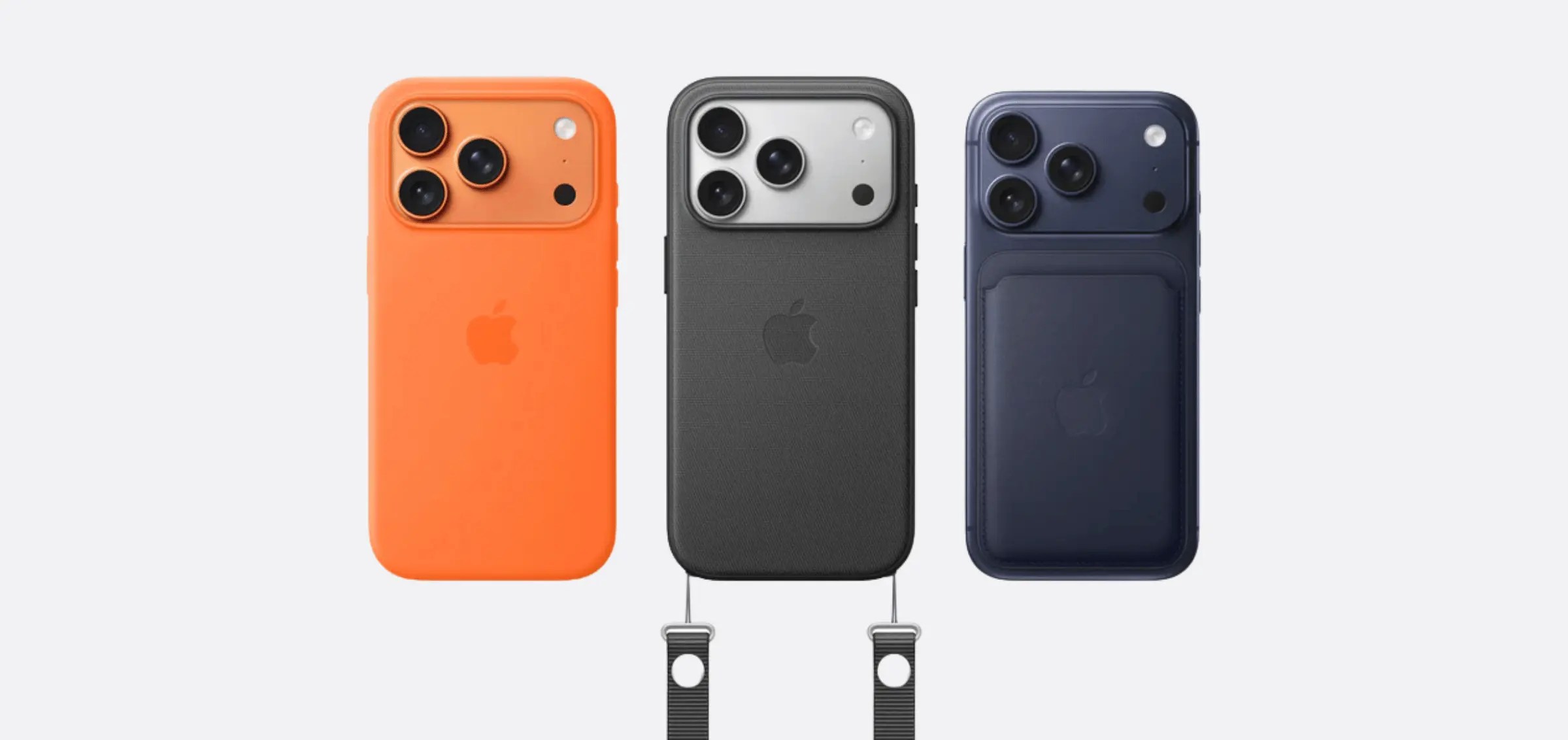 Three iPhones with silicone and leather cases and crossbody straps.