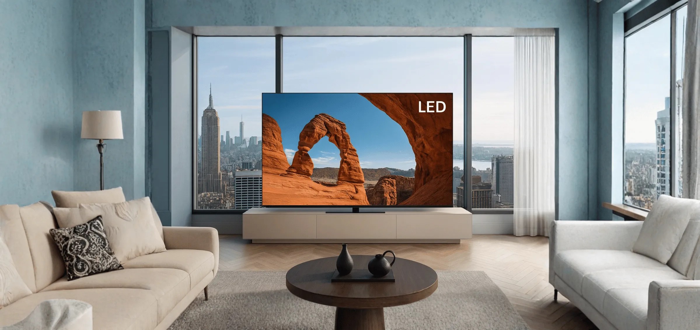 LED TV in a city-apartment-style living room, red rock arch landscape on screen, highlighting reliable, everyday LED television viewing.