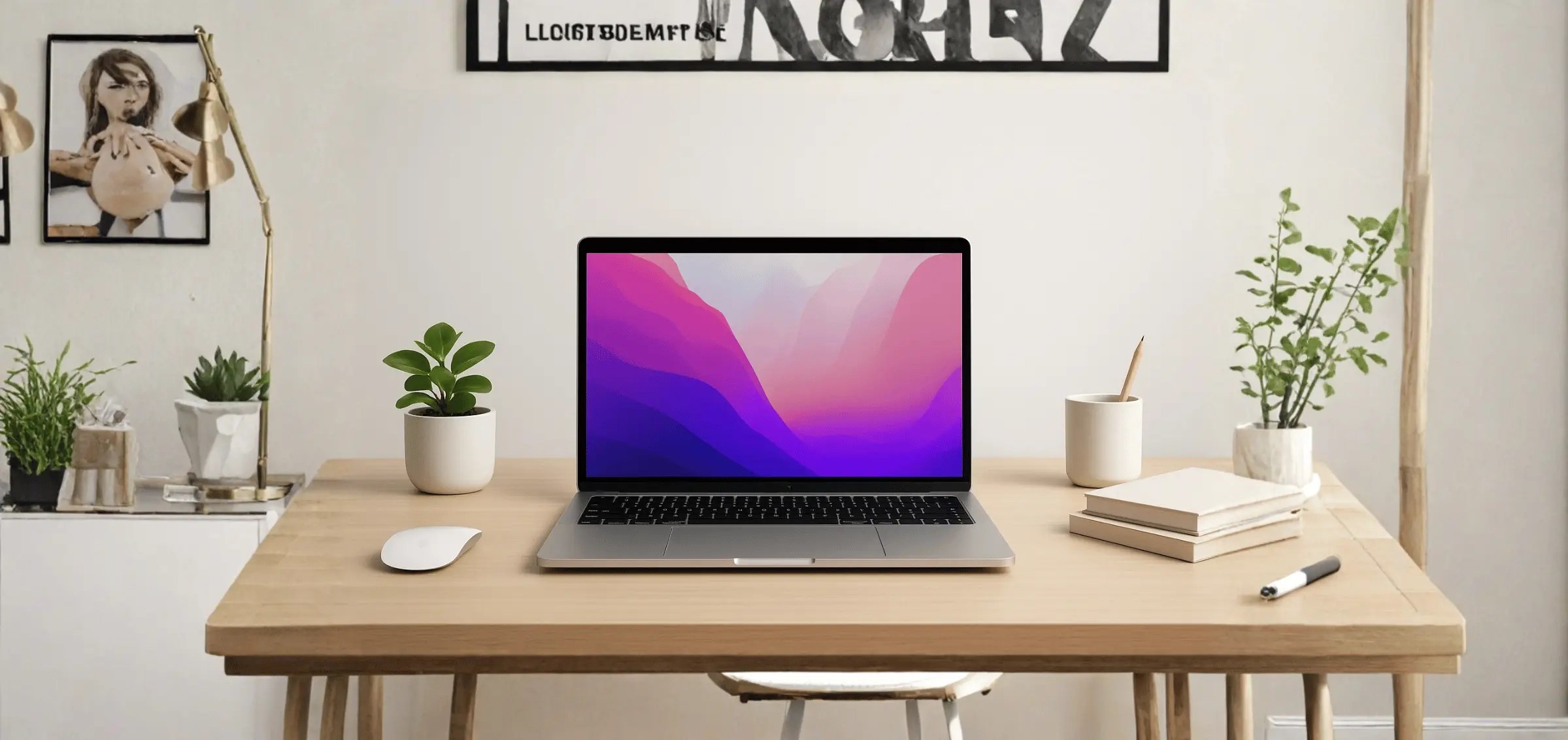 Silver MacBook with pink-purple gradient screen on a wooden desk, next to a mouse, plants, books, and a mug in a bright minimalist home office.