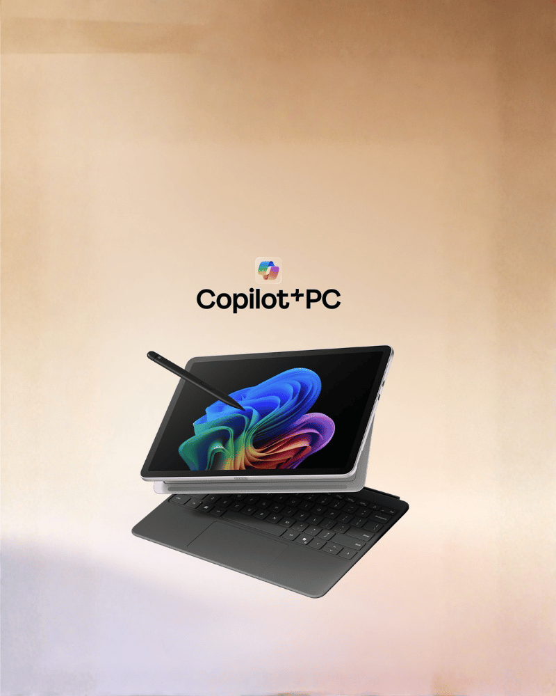 Microsoft Surface Pro 12-inch 11th Edition tablet with detachable keyboard and stylus, Copilot+PC logo on a soft beige gradient backdrop.