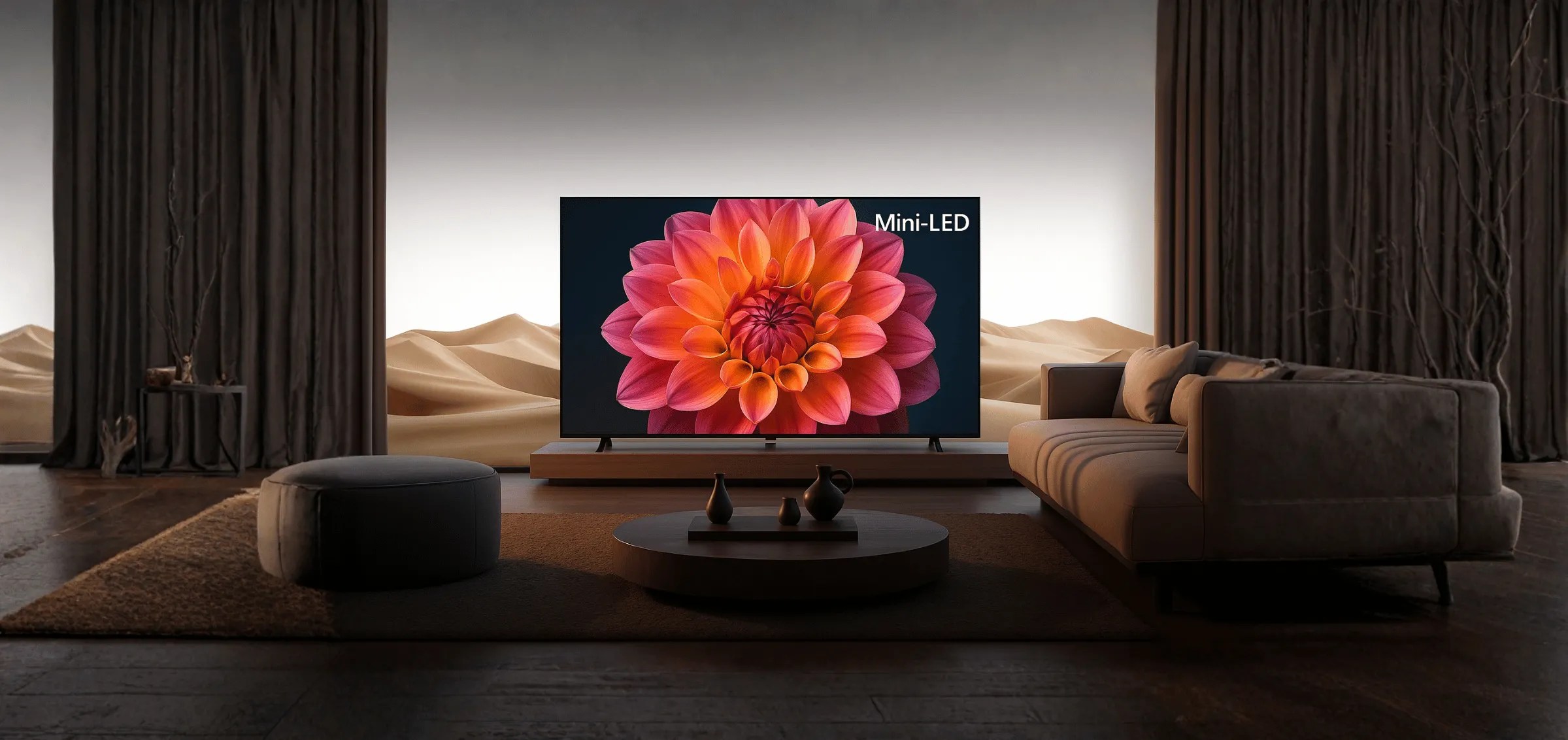 Mini LED TV in a cosy, modern living space, with a large flower close-up on screen to promote precise local dimming and high-contrast imagery.